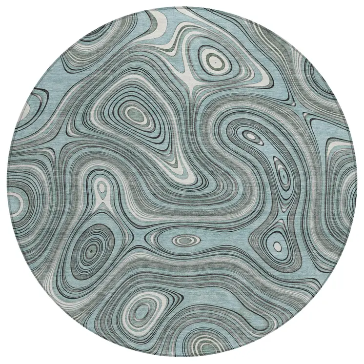 8' Sky Blue And Gray Round Geometric Washable Indoor Outdoor Area Rug