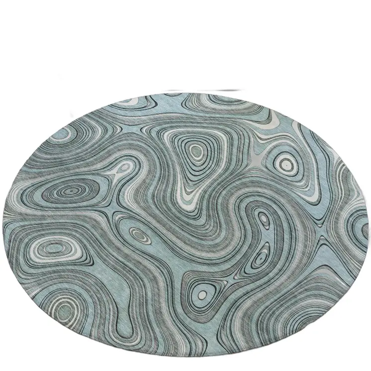 8' Sky Blue And Gray Round Geometric Washable Indoor Outdoor Area Rug