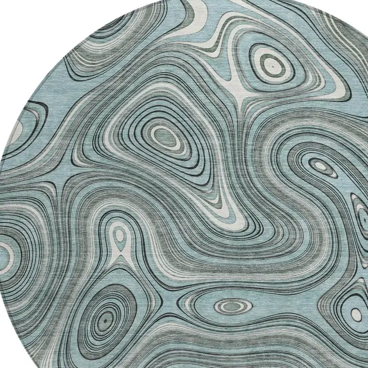 8' Sky Blue And Gray Round Geometric Washable Indoor Outdoor Area Rug