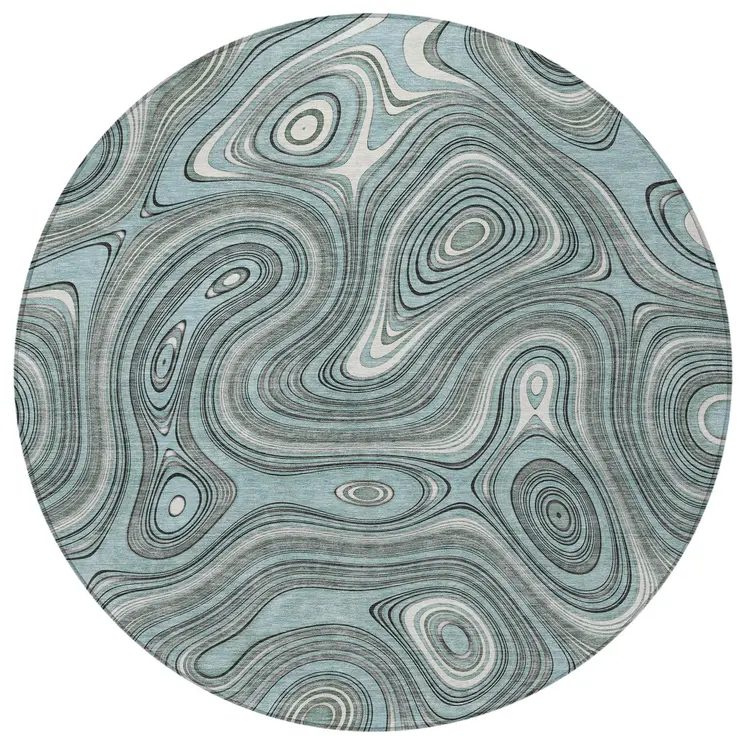 8' Sky Blue And Gray Round Geometric Washable Indoor Outdoor Area Rug