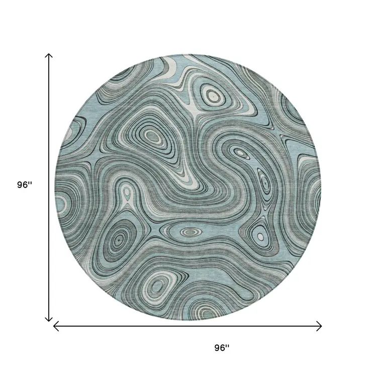 8' Sky Blue And Gray Round Geometric Washable Indoor Outdoor Area Rug