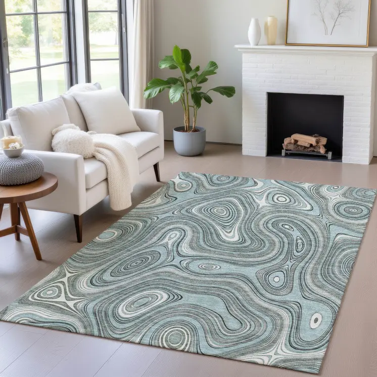 9' X 12' Sky Blue And Gray Geometric Washable Indoor Outdoor Area Rug