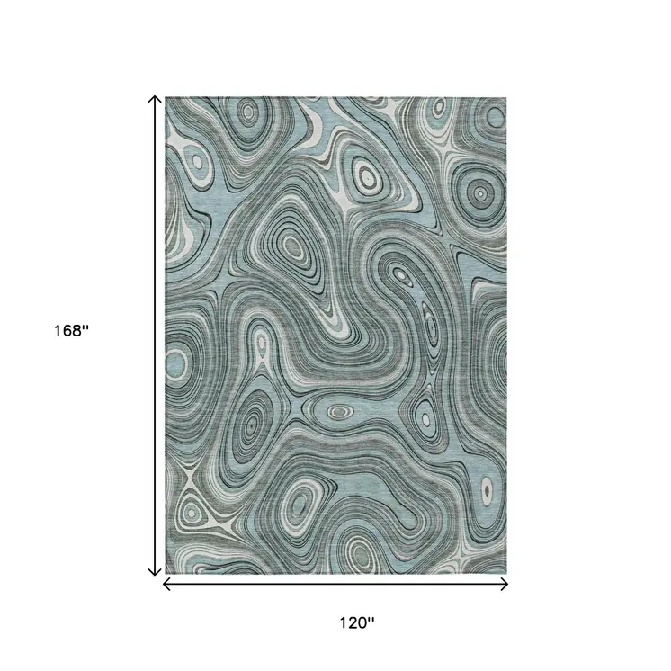 10' X 14' Sky Blue And Gray Geometric Washable Indoor Outdoor Area Rug