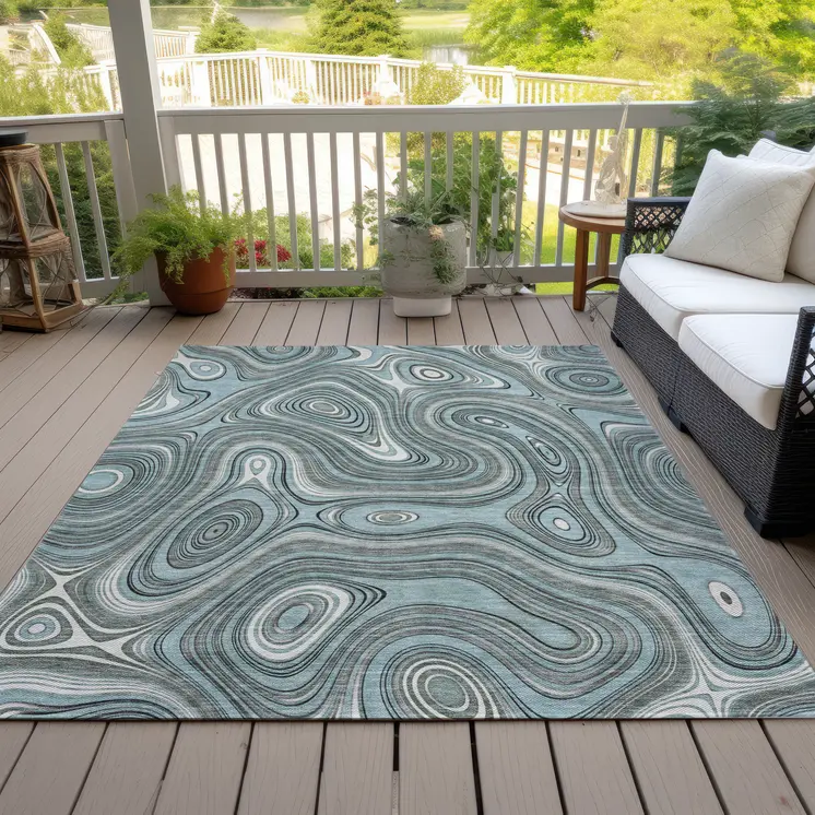 10' X 14' Sky Blue And Gray Geometric Washable Indoor Outdoor Area Rug
