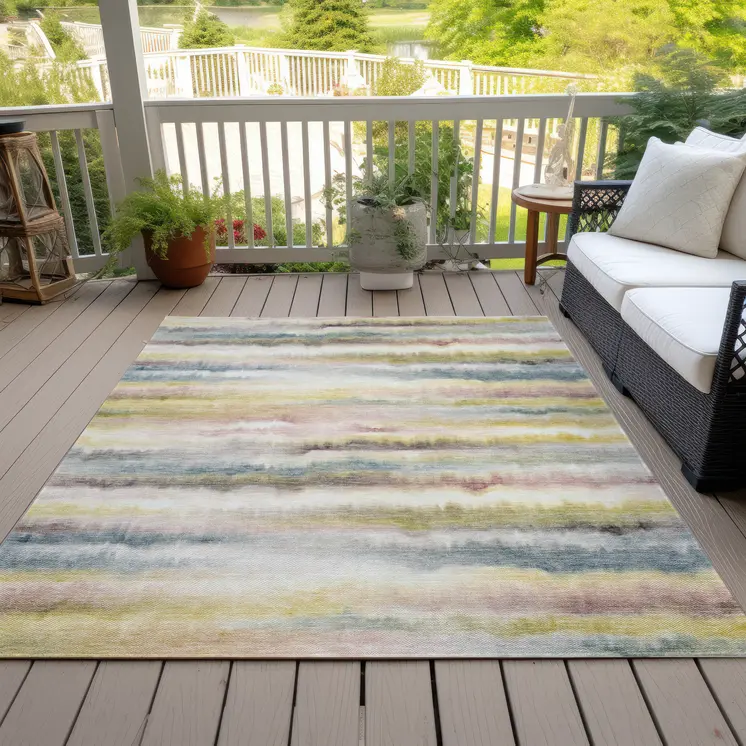3' X 5' Gold Gray And Ivory Striped Washable Indoor Outdoor Area Rug