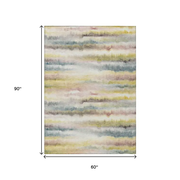 5' X 8' Gold Gray And Ivory Striped Washable Indoor Outdoor Area Rug