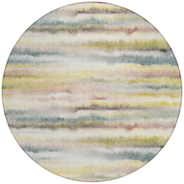 8' Gold Gray And Ivory Round Striped Washable Indoor Outdoor Area Rug