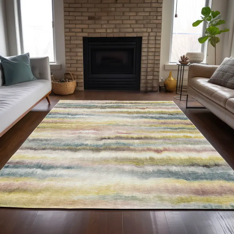 9' X 12' Gold Gray And Ivory Striped Washable Indoor Outdoor Area Rug