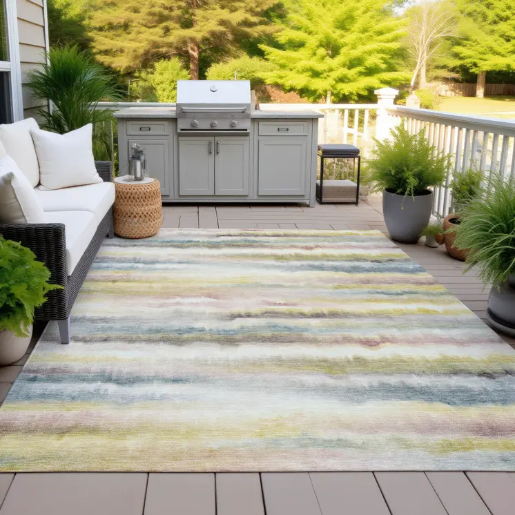 10' X 14' Gold Gray And Ivory Striped Washable Indoor Outdoor Area Rug