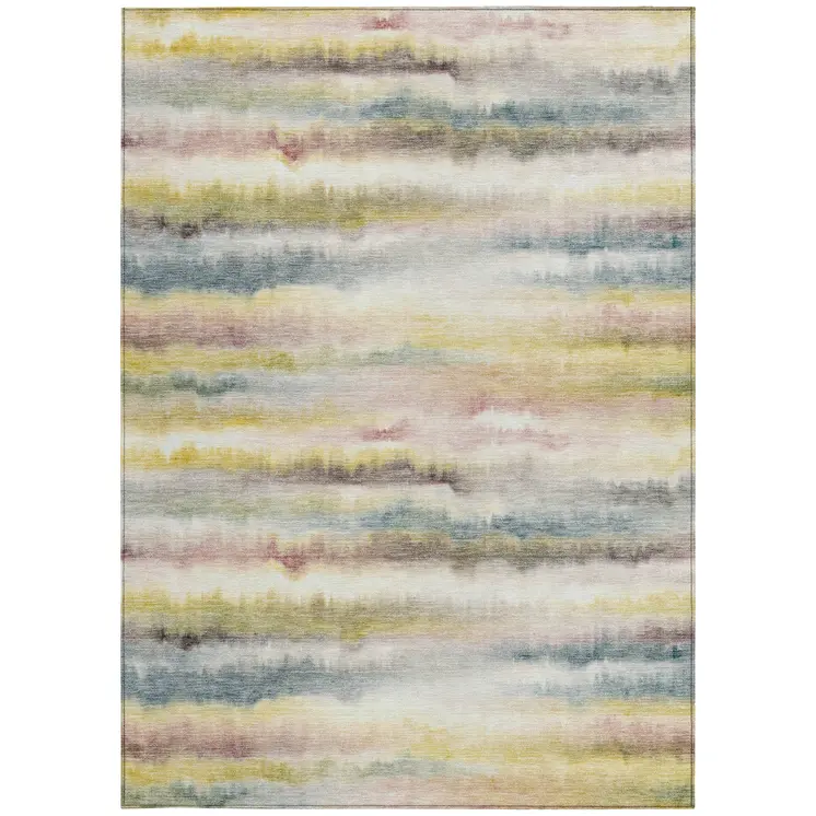 10' X 14' Gold Gray And Ivory Striped Washable Indoor Outdoor Area Rug
