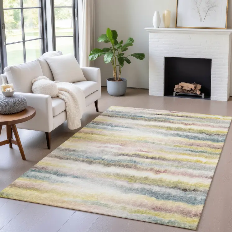 10' X 14' Gold Gray And Ivory Striped Washable Indoor Outdoor Area Rug