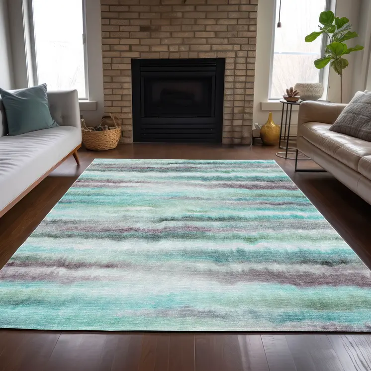 3' X 5' Teal Blue Plum And Ivory Striped Washable Indoor Outdoor Area Rug