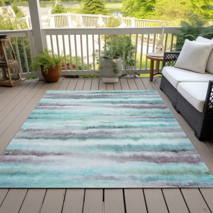 3' X 5' Teal Blue Plum And Ivory Striped Washable Indoor Outdoor Area Rug