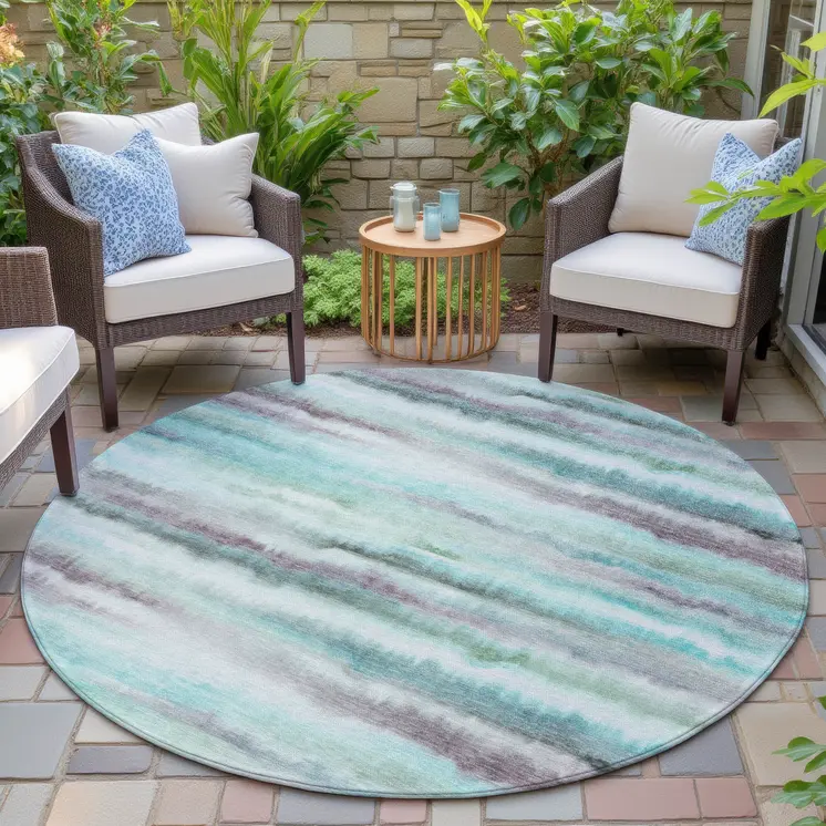 8' Teal Blue Plum And Ivory Round Striped Washable Indoor Outdoor Area Rug