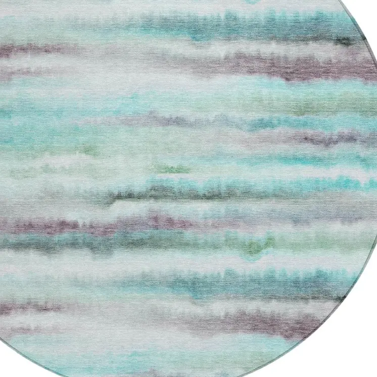 8' Teal Blue Plum And Ivory Round Striped Washable Indoor Outdoor Area Rug
