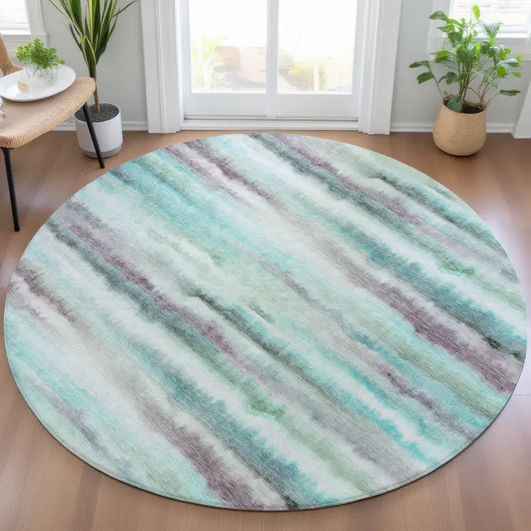 8' Teal Blue Plum And Ivory Round Striped Washable Indoor Outdoor Area Rug