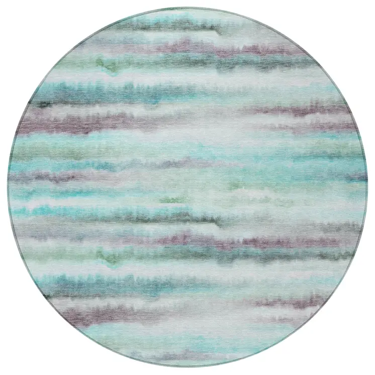 8' Teal Blue Plum And Ivory Round Striped Washable Indoor Outdoor Area Rug