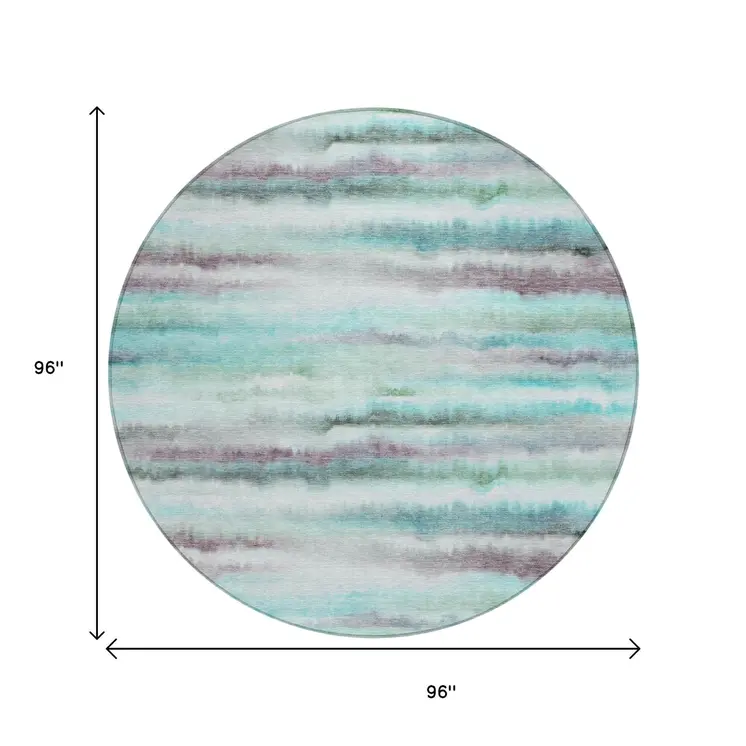 8' Teal Blue Plum And Ivory Round Striped Washable Indoor Outdoor Area Rug