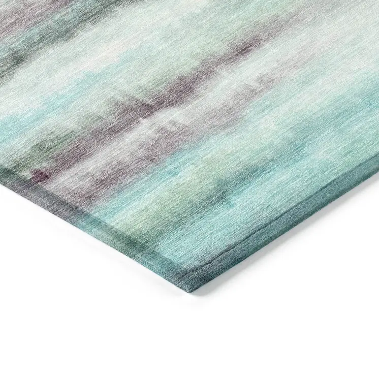 8' X 10' Teal Blue Plum And Ivory Striped Washable Indoor Outdoor Area Rug