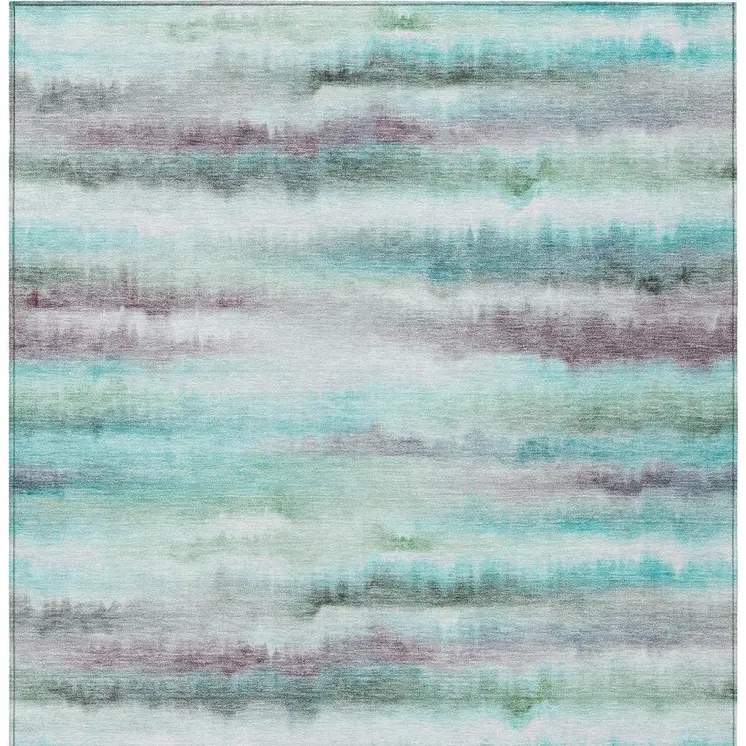 9' X 12' Teal Blue Plum And Ivory Striped Washable Indoor Outdoor Area Rug