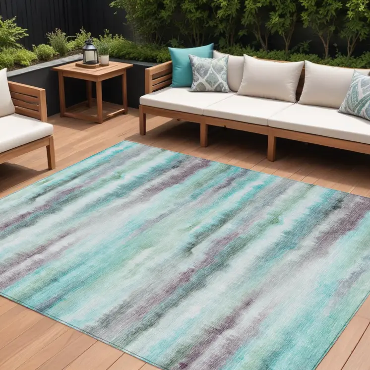 9' X 12' Teal Blue Plum And Ivory Striped Washable Indoor Outdoor Area Rug