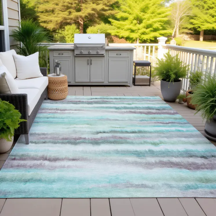 9' X 12' Teal Blue Plum And Ivory Striped Washable Indoor Outdoor Area Rug
