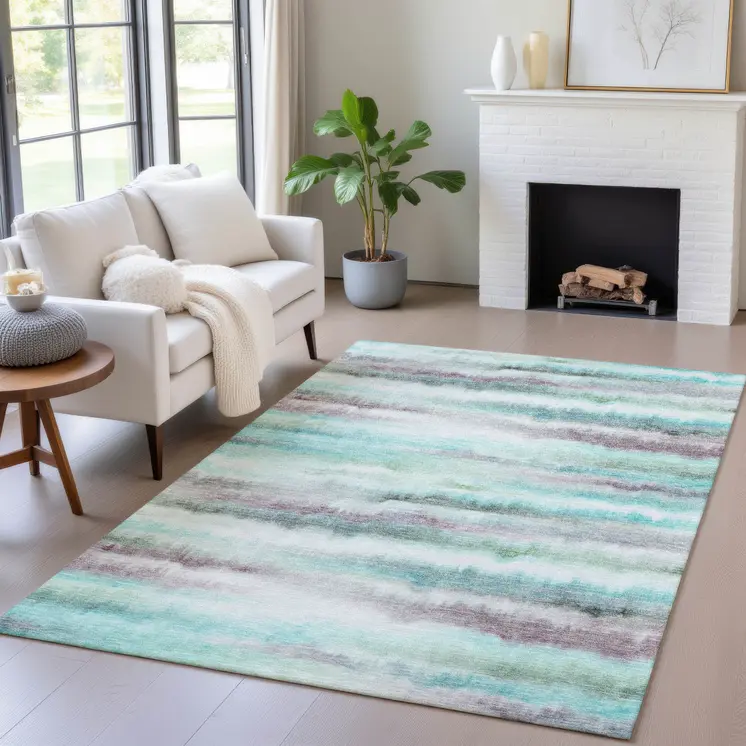 9' X 12' Teal Blue Plum And Ivory Striped Washable Indoor Outdoor Area Rug