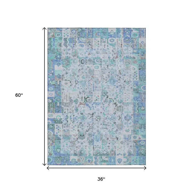 3' X 5' Blue And Silver Patchwork Washable Indoor Outdoor Area Rug