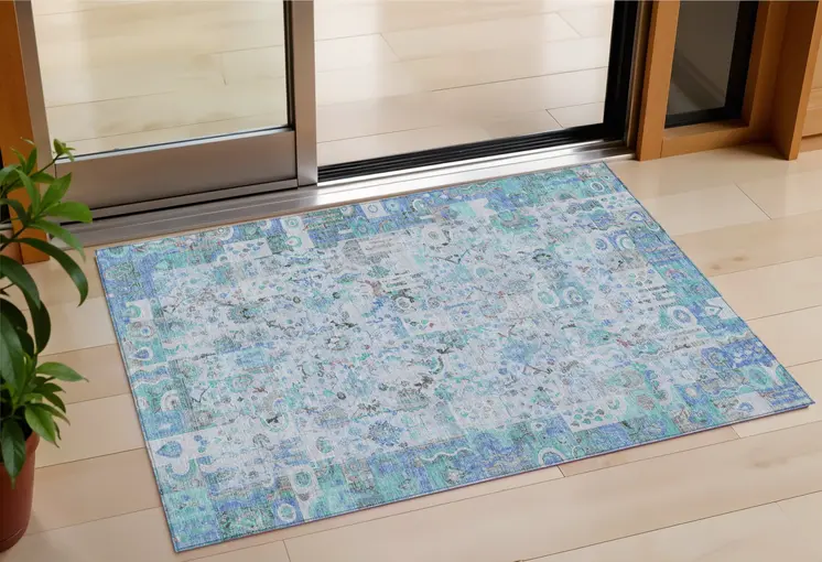3' X 5' Blue And Silver Patchwork Washable Indoor Outdoor Area Rug