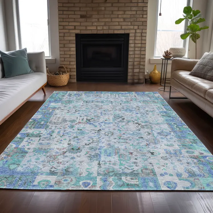 3' X 5' Blue And Silver Patchwork Washable Indoor Outdoor Area Rug