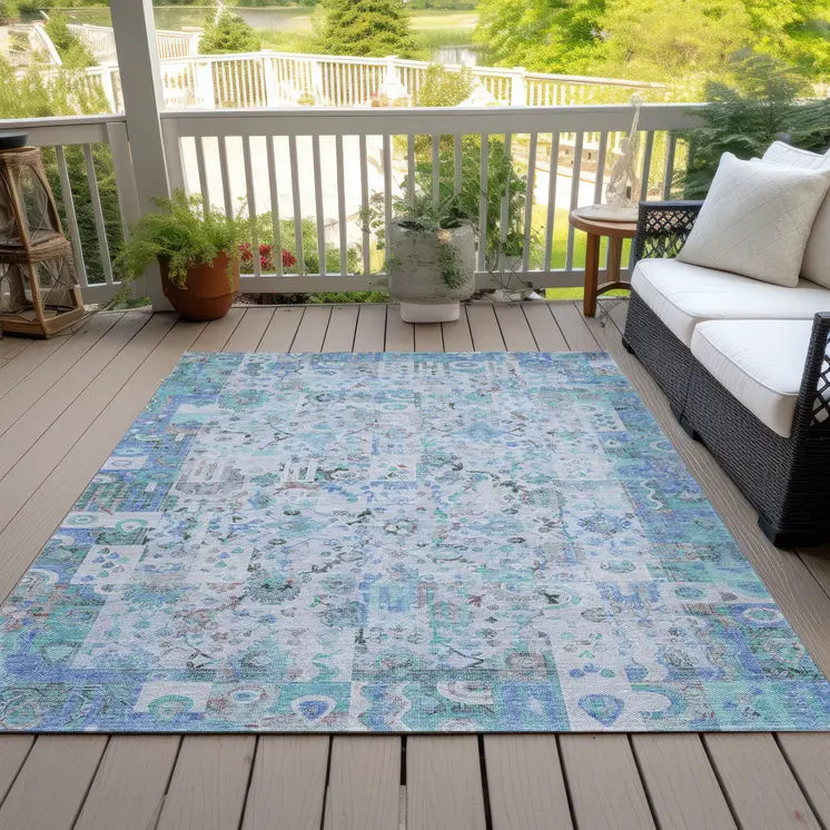 3' X 5' Blue And Silver Patchwork Washable Indoor Outdoor Area Rug