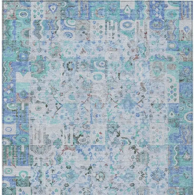 5' X 8' Blue And Silver Patchwork Washable Indoor Outdoor Area Rug