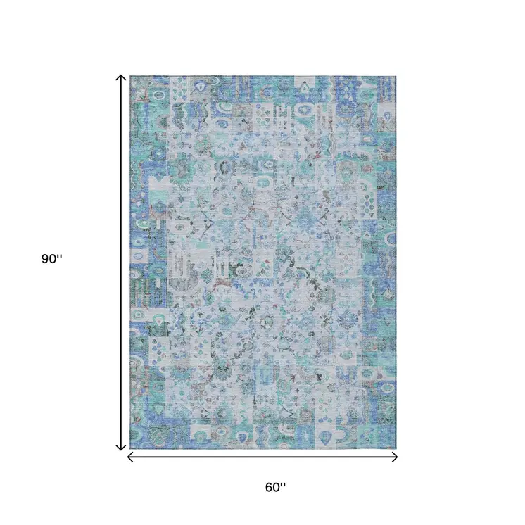 5' X 8' Blue And Silver Patchwork Washable Indoor Outdoor Area Rug
