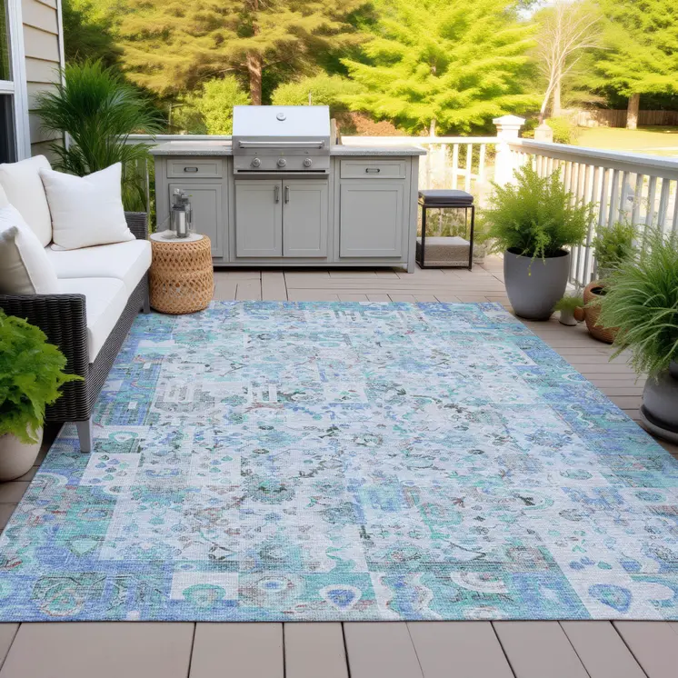 5' X 8' Blue And Silver Patchwork Washable Indoor Outdoor Area Rug