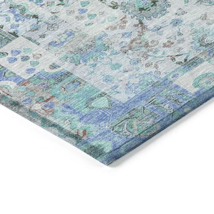 5' X 8' Blue And Silver Patchwork Washable Indoor Outdoor Area Rug