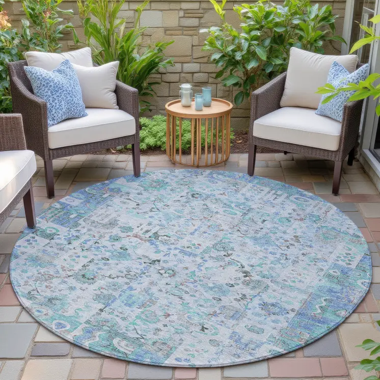 8' Blue And Silver Round Patchwork Washable Indoor Outdoor Area Rug