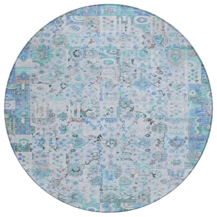8' Blue And Silver Round Patchwork Washable Indoor Outdoor Area Rug