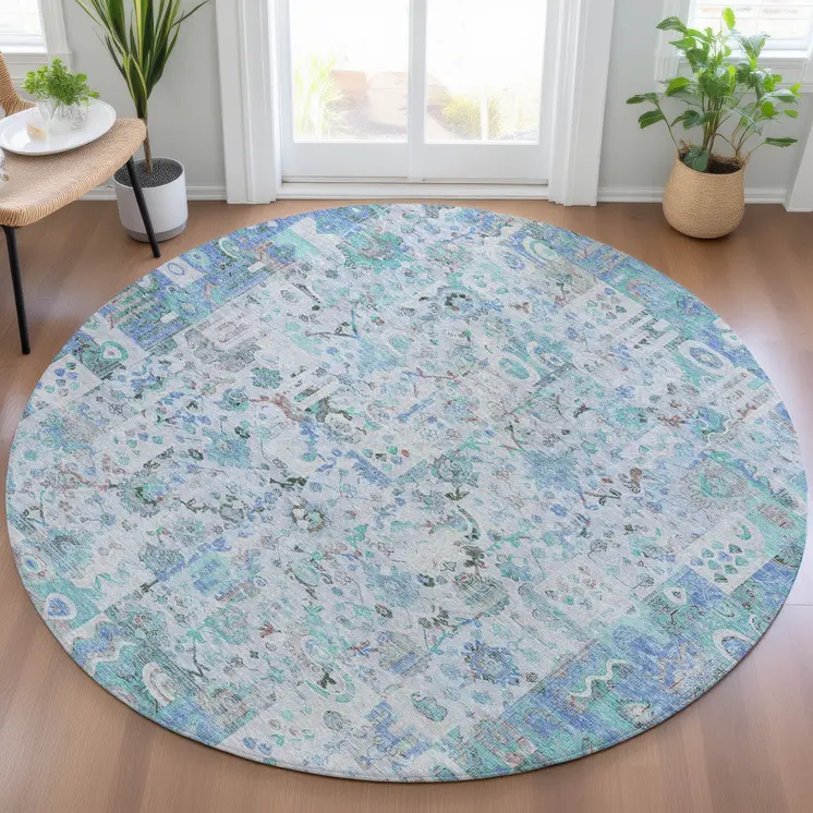 8' Blue And Silver Round Patchwork Washable Indoor Outdoor Area Rug
