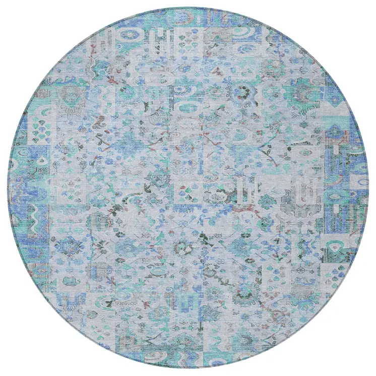 8' Blue And Silver Round Patchwork Washable Indoor Outdoor Area Rug