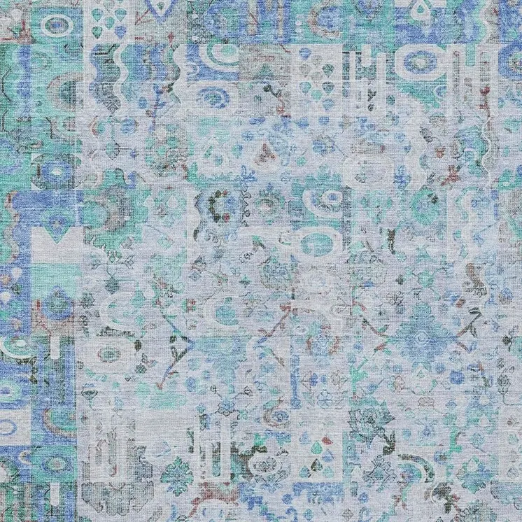 8' X 10' Blue And Silver Patchwork Washable Indoor Outdoor Area Rug