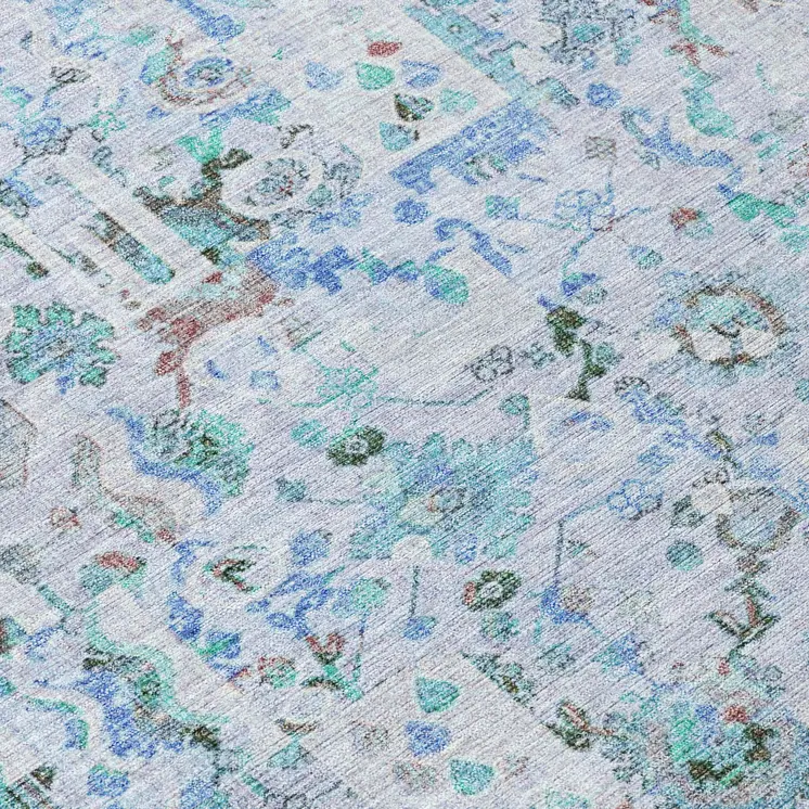 8' X 10' Blue And Silver Patchwork Washable Indoor Outdoor Area Rug