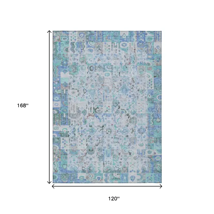 10' X 14' Blue And Silver Patchwork Washable Indoor Outdoor Area Rug