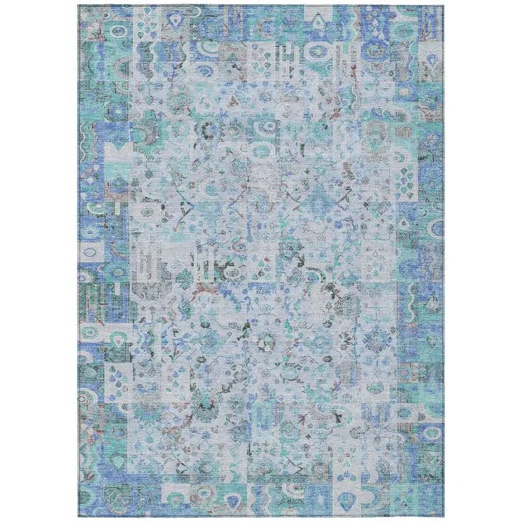 10' X 14' Blue And Silver Patchwork Washable Indoor Outdoor Area Rug