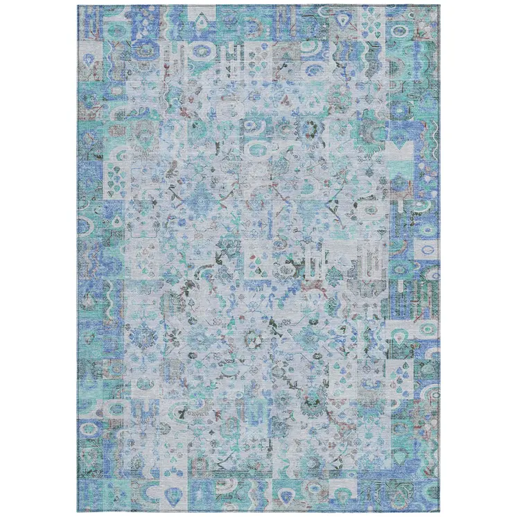 10' X 14' Blue And Silver Patchwork Washable Indoor Outdoor Area Rug