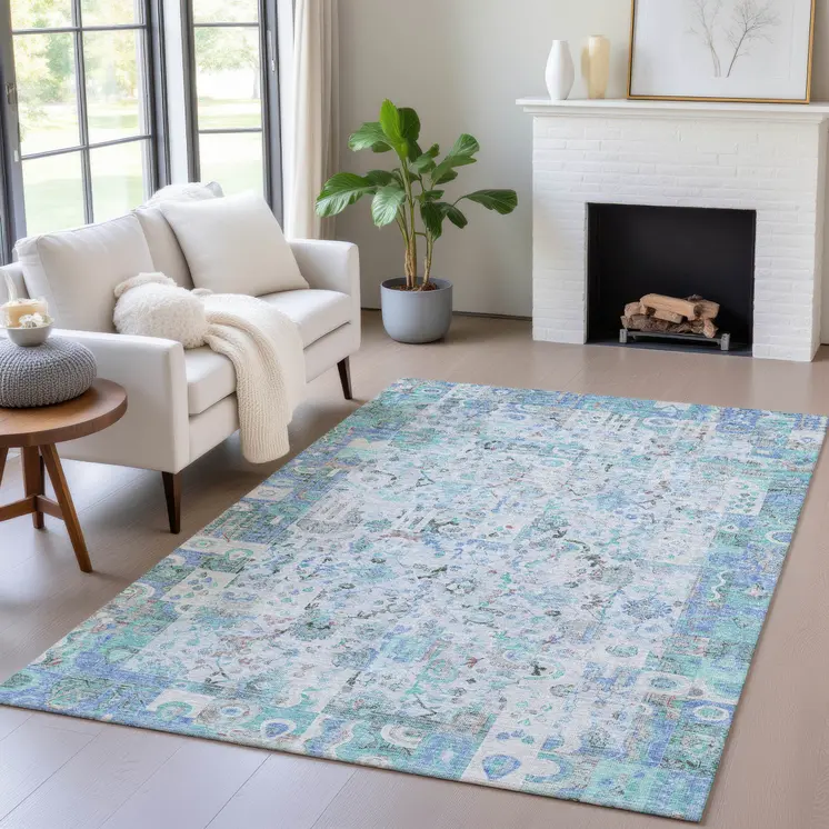 10' X 14' Blue And Silver Patchwork Washable Indoor Outdoor Area Rug