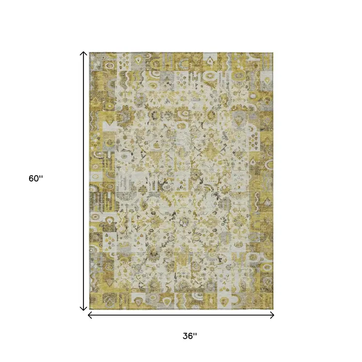 3' X 5' Gold And Ivory Patchwork Washable Indoor Outdoor Area Rug