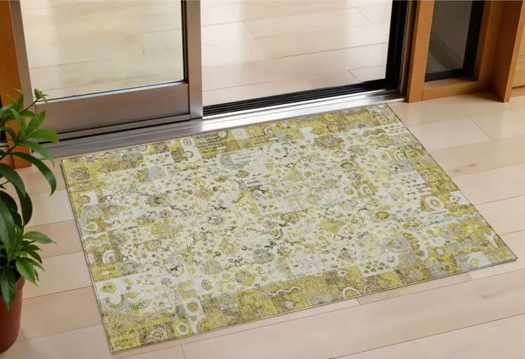 3' X 5' Gold And Ivory Patchwork Washable Indoor Outdoor Area Rug