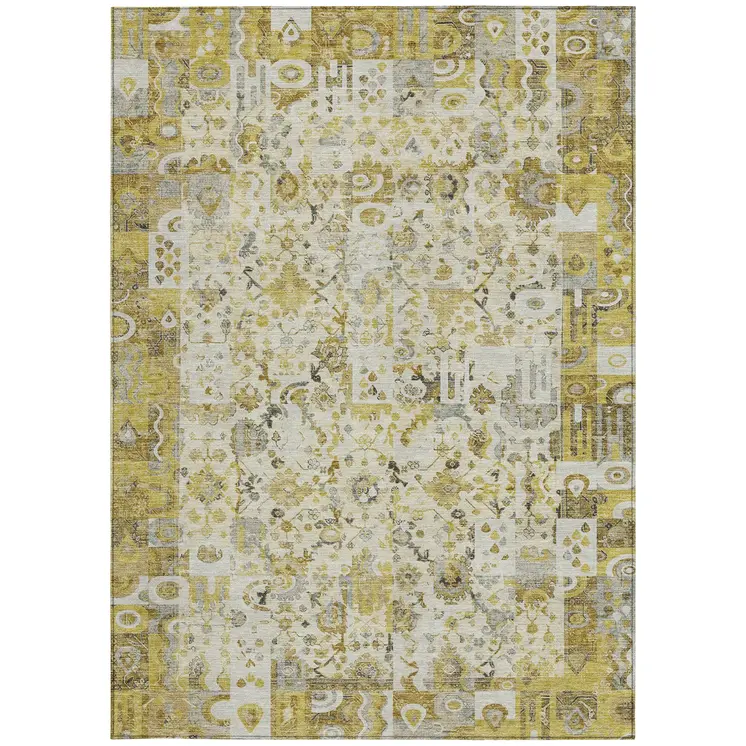 3' X 5' Gold And Ivory Patchwork Washable Indoor Outdoor Area Rug