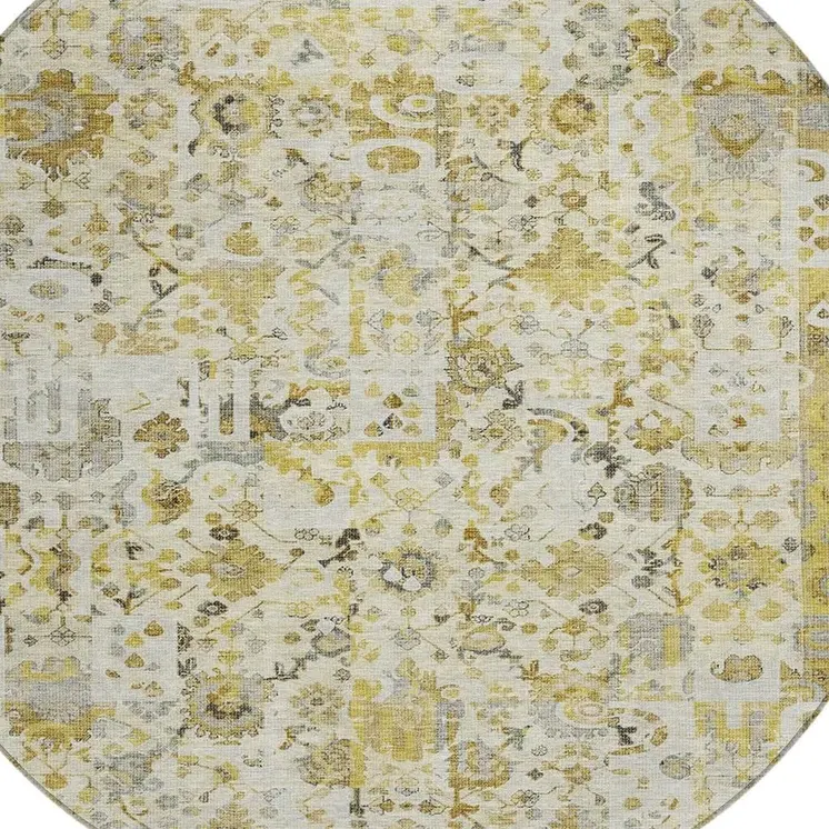 8' Gold And Ivory Round Patchwork Washable Indoor Outdoor Area Rug