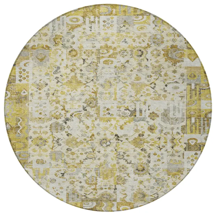 8' Gold And Ivory Round Patchwork Washable Indoor Outdoor Area Rug